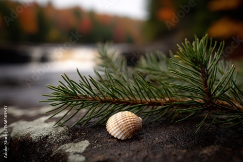 A small shell sitting on top of a rock next to a pine tree