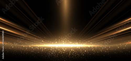 Abstract elegant gold glowing beam with lighting effect sparkle on black background. Template premium award design.