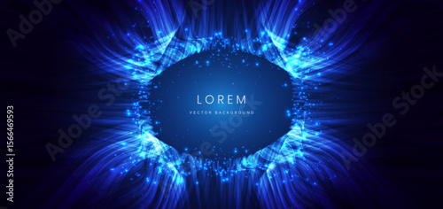 Blue glowing wave lines with lighting effect and sparkle on dark blue background. Technology futuristics concept.