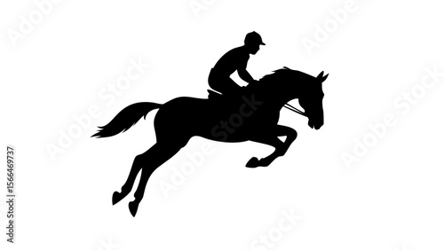 A horse and rider in silhouette mid-jump over a fence, set against a clear sky.  
