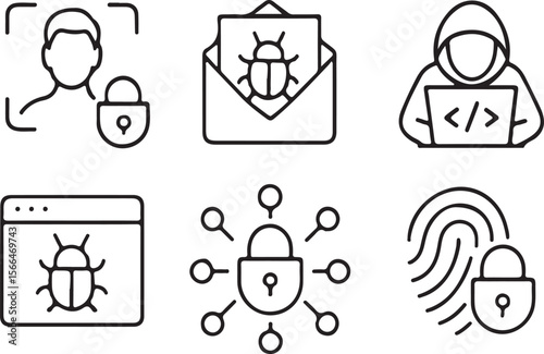 Cyber Security Line Icons with Hacker Malware Data Protection and Privacy Symbols