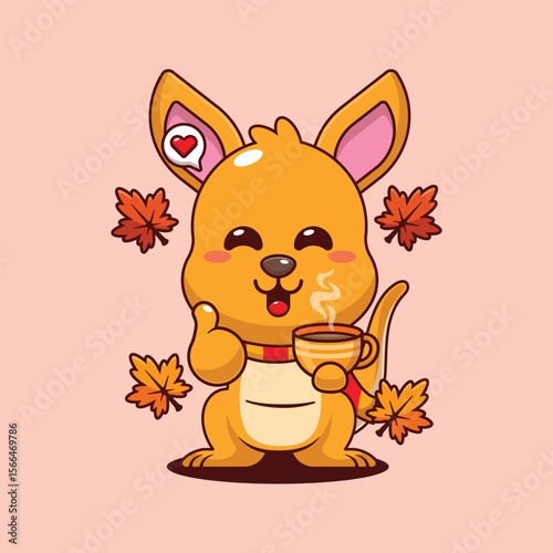 Cute kangaroo holding holding a cup of coffee in autumn day cartoon vector illustration