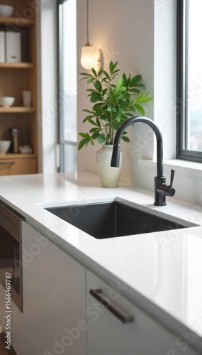 Sleek Modern Double Sink Seamlessly Integrated into Pristine White Countertop Ample Workspace for Clean Minimalist Kitchen Design