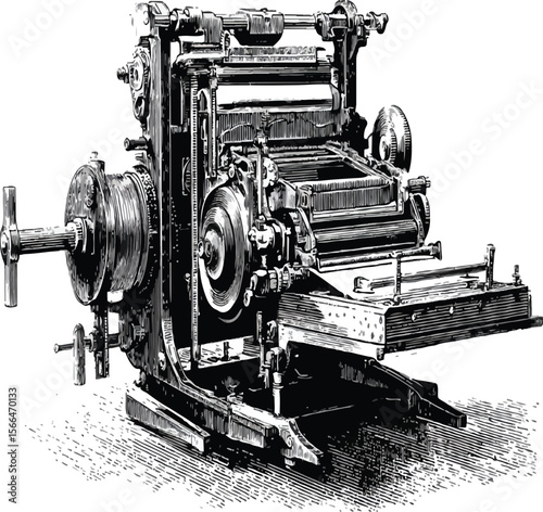 A detailed illustration of an antique printing press with intricate gears and rollers displayed