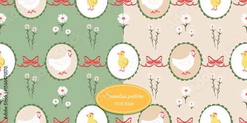 Vintage modern children's seamless pattern with a chicken, chicks, flowers, and bows. Flirty wallpaper with bows and frames. Vector design.