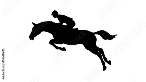Silhouette of a horse and rider leaping over a jump, capturing the dynamic motion of equestrian sport.  