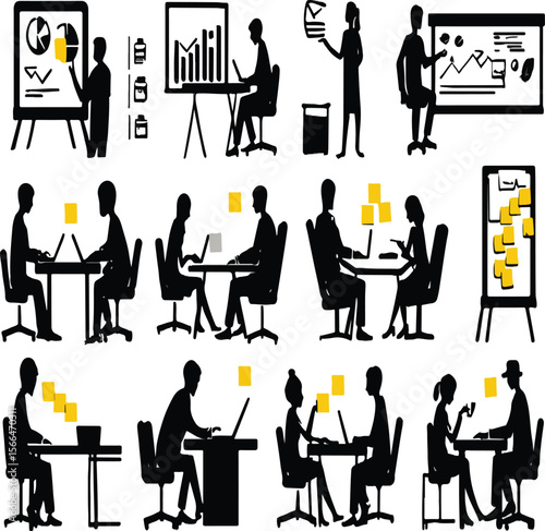A collection of black silhouette office and business icons depicting various work scenarios and data visuals