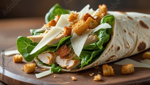 A chicken Caesar wrap with romaine and parmesan.