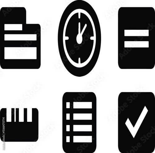 White icons of clipboards gears and checkmarks arranged on a black background in a simple design