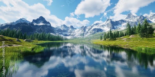 Mountain Lake Vista: A breathtaking panorama of a serene mountain lake reflects the majestic snow-capped peaks and fluffy clouds above, creating a picturesque landscape.