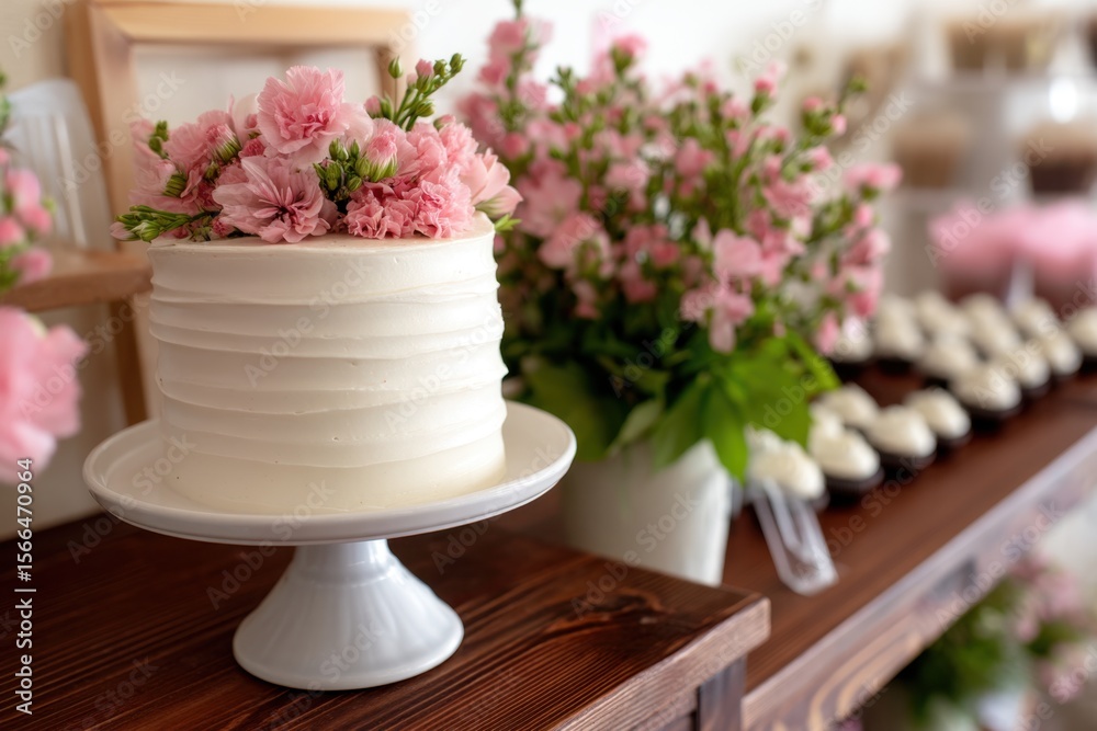 Fototapeta premium A white cake sitting on top of a wooden table
