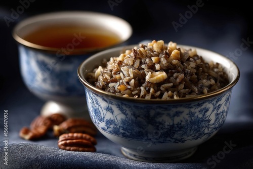 A bowl of brown rice and pecans next to a cup of tea