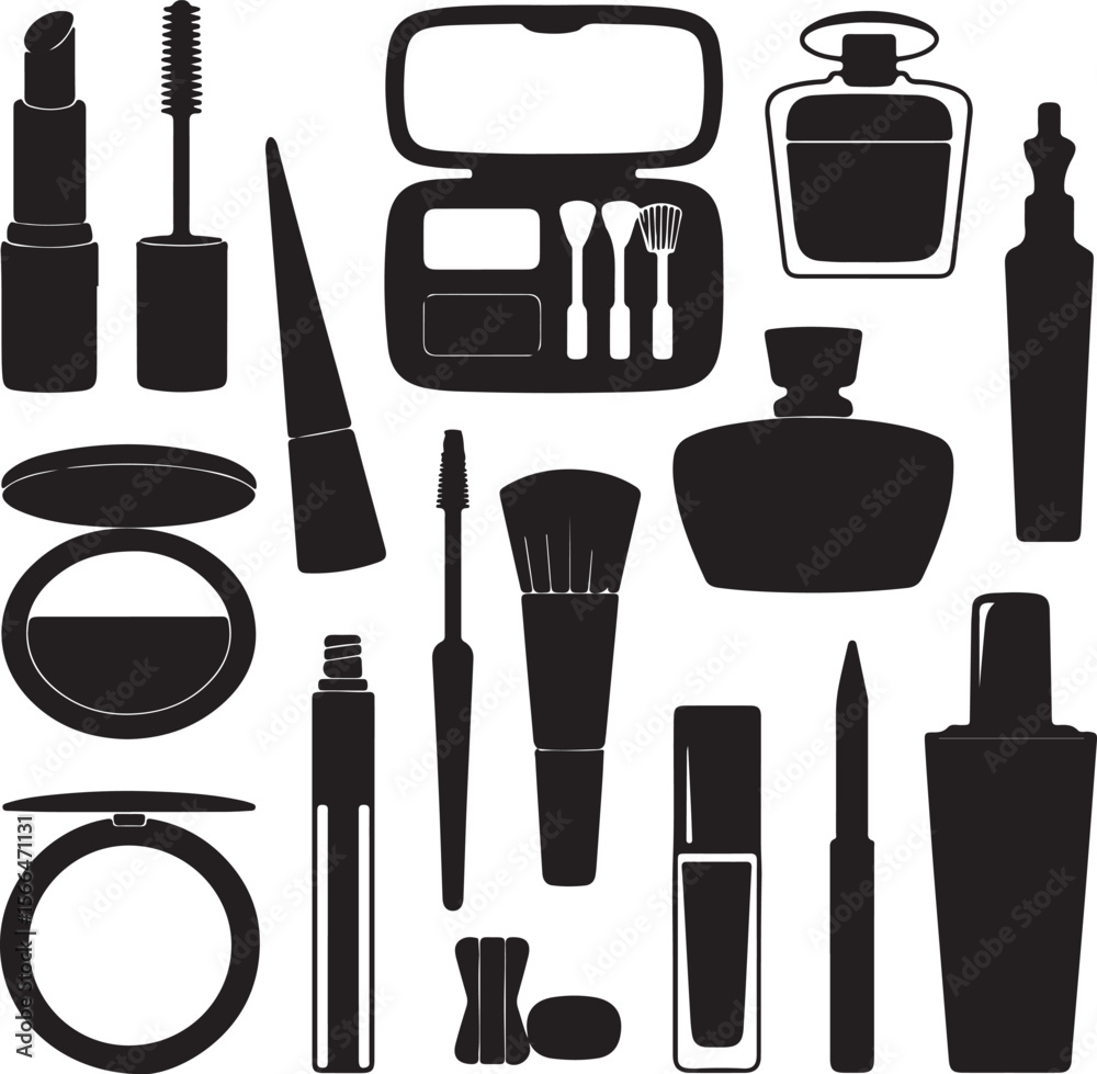 Obraz premium Makeup set with brushes and cosmetic products in black silhouette style