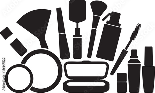 Makeup icon set with beauty tools and silhouette illustrations