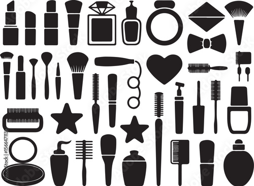 Cosmetic product and tool icon set in black silhouette style