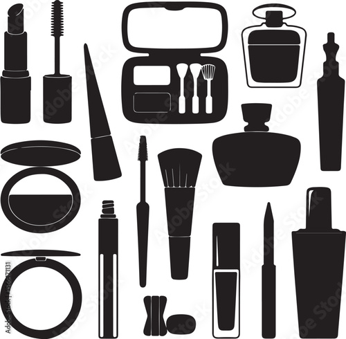 Makeup set with brushes and cosmetic products in black silhouette style