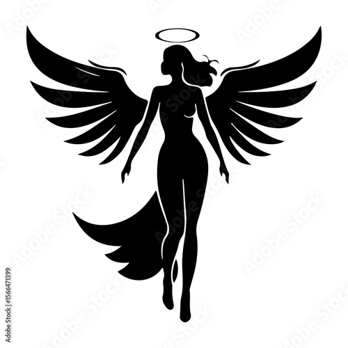 Elegant black and white angel silhouette with halo and magnificent wings