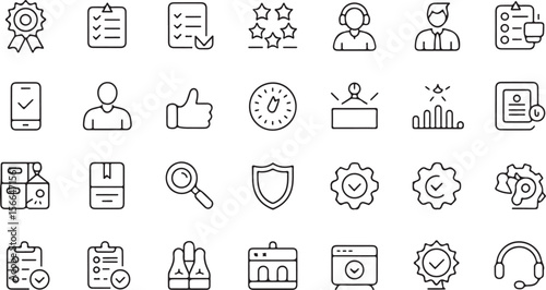 Quality Assurance Icons Checklist, Feedback, and Customer Service Symbols