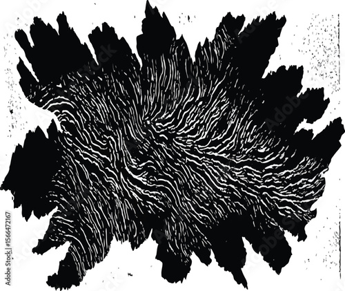 A black and white illustration with a dark oval center and decorative border around the edges