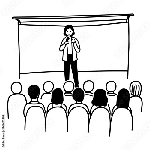 A person with a microphone speaks on stage to an audience. Doodle style vector sketch about artists, speakers and and standups