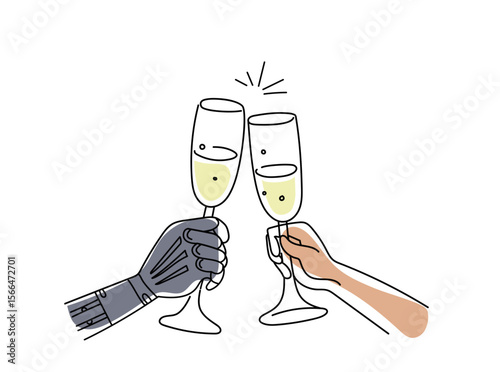 Robot hand and human hand toasting with champagne glasses. Partnership celebration with artificial intelligence. Disabled person 