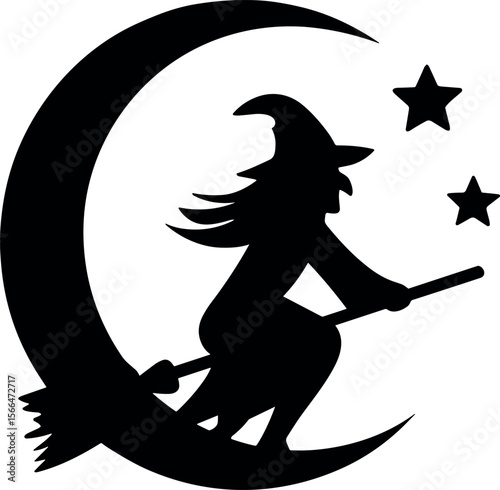 Witch With Crescent Moon vector black silhouette design