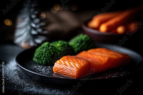 A piece of salmon and broccoli on a black plate