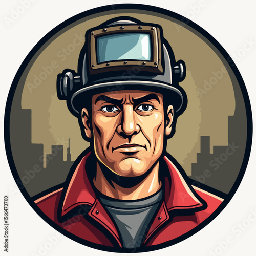 Tough welder with helmet, industrial worker, metal crafting, welding portrait, factory art, welder sketch, industrial design, welding lifestyle, factory illustration, skilled craftsman, welding art, 