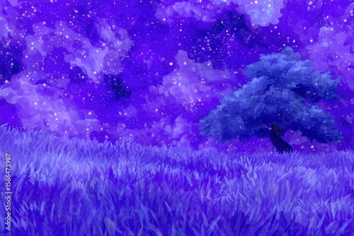 A tree in the middle of a field of grass under a purple sky