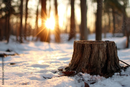 A tree stump in the middle of a snowy forest