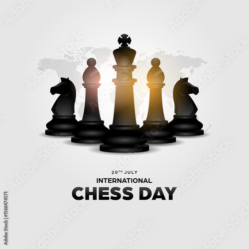 International chess day social media template background, square banner with realistic illustration of king, bishop and knight chess pieces and world map