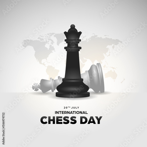International chess day social media template background, square banner with realistic illustration of black queen defeat the white king chess pieces and world map