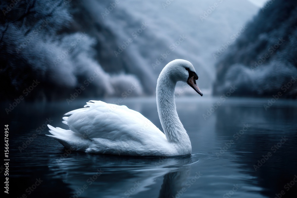 Fototapeta premium A white swan floating on top of a body of water