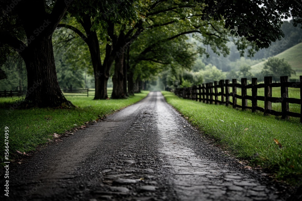 Obraz premium A country road lined with trees and a wooden fence