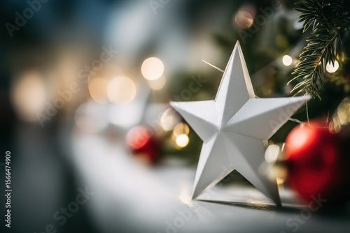 A white star sitting on top of a table next to a Christmas tree