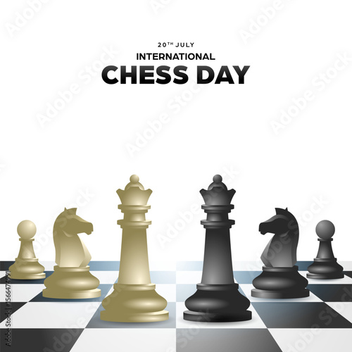 International chess day social media template background, square banner with realistic illustration of chess pieces in chessboard