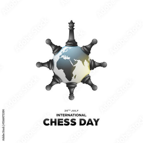 International chess day social media template background, square banner with realistic illustration of pawns and queen chess pieces around the world