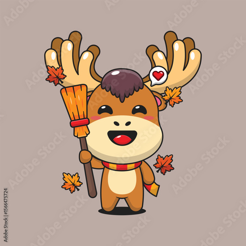 Cute moose holding broom in autumn day cartoon vector illustration