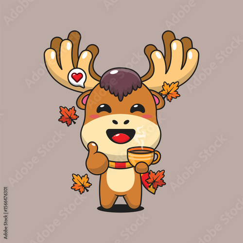 Cute moose holding holding a cup of coffee in autumn day cartoon vector illustration