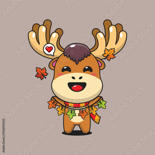 Cute moose holding autumn leaf decoration in autumn day cartoon vector illustration