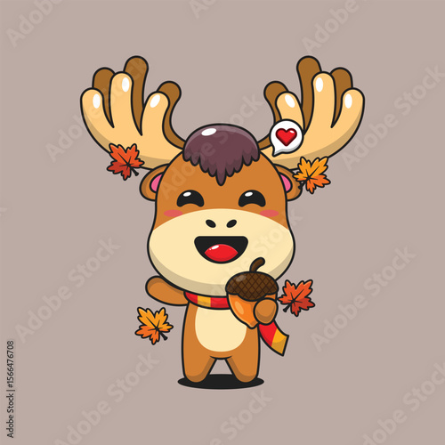 Cute moose with acorns at autumn season in autumn day cartoon vector illustration
