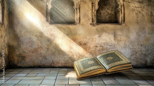 Open Book with Sunlight in Historic Stone Room