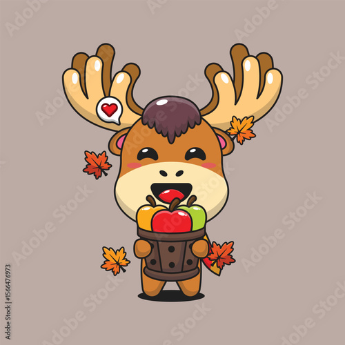 Cute moose holding a apple in wood bucket in autumn day cartoon vector illustration