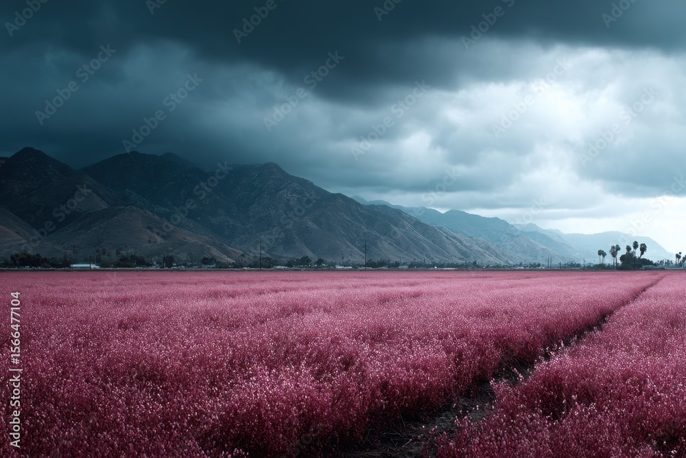 Naklejka premium A field of pink flowers under a cloudy sky