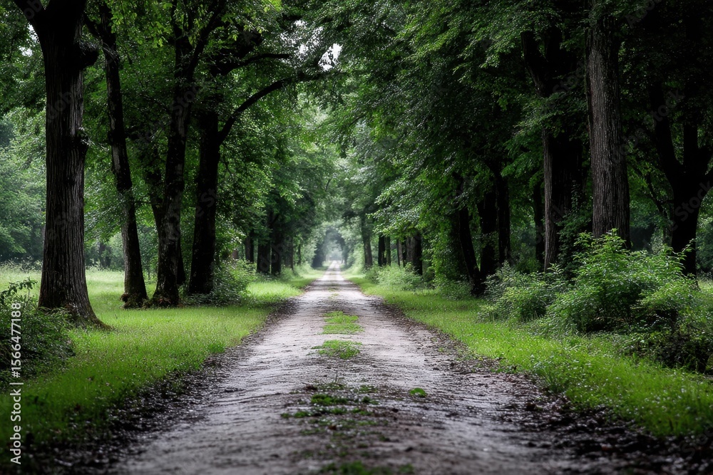 Naklejka premium A dirt road in the middle of a lush green forest