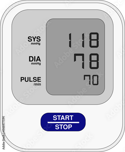 Vector Illustration of Digital Blood Pressure Monitor Displaying Normal Reading – Electronic Sphygmomanometer with SYS, DIA, and Pulse Rate