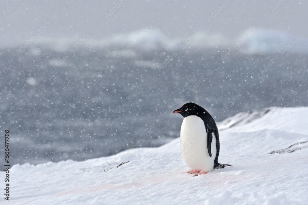 Fototapeta premium A penguin standing on top of a snow covered hill