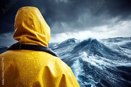 A person in a yellow raincoat looking out at the ocean