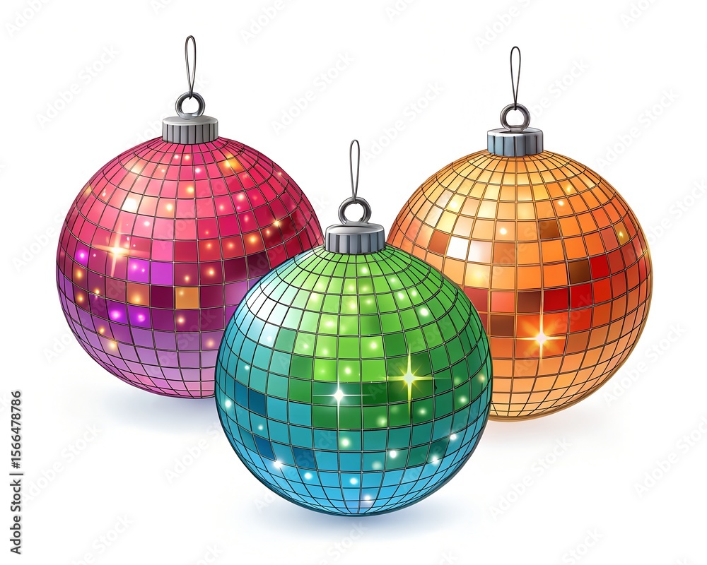 Obraz premium disco ball with christmas tree, glass, light, christmas, disco, mirror, sphere, club, decoration, shiny, silver, circle, nightclub, vector