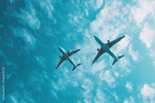 Two airplanes flying in the sky with clouds in the background